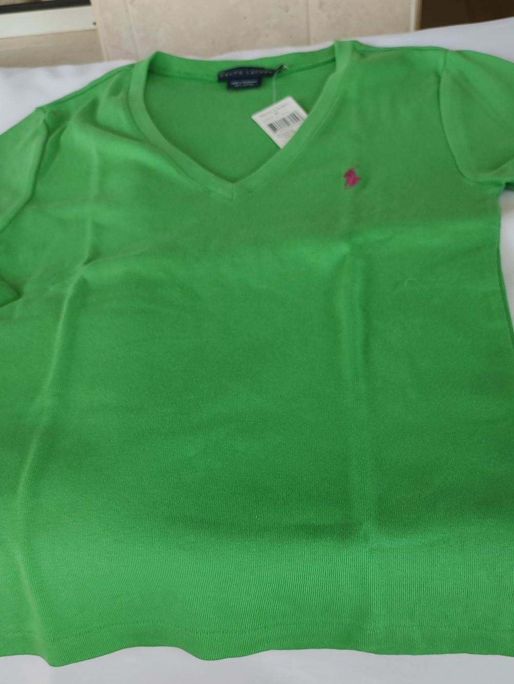 Ralph Lauren  Bright Green V-Neck Tee with Pink Pony